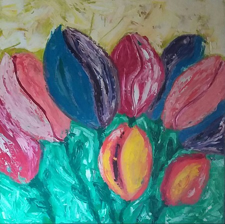 Abstracte tulpen geschilderd door Marijke Bestman
