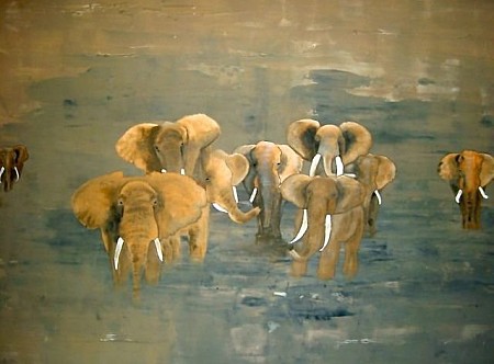 Badende Olifanten geschilderd door Irene van Uxem