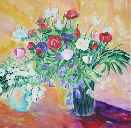 Vazen met bloemen geschilderd door Loes Loe-sei Beks