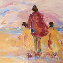 Moeder met kinderen aan het strand geschilderd door 