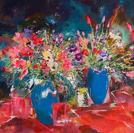 Vrolijke bos bloemen geschilderd door Loes Loe-sei Beks