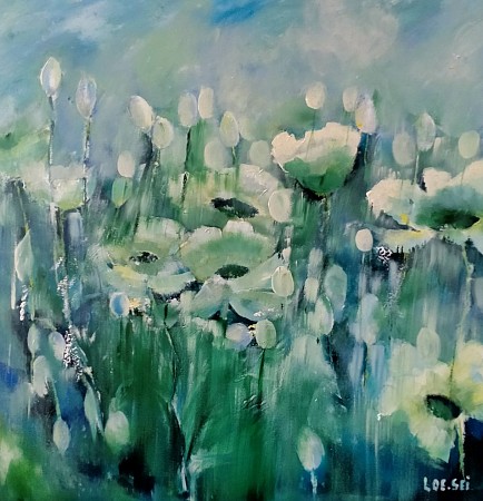 Witte bloemen geschilderd door Loes Loe-sei Beks