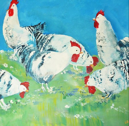 Kippen geschilderd door Loes Loe-sei Beks