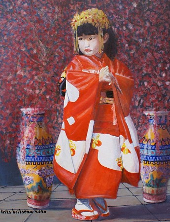 Chinees meisje tussen kersenbloesem geschilderd door Frits Hoitsema KUNSTSCHILDER