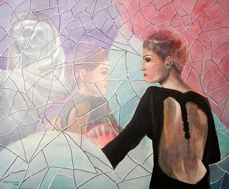 Vrouw en de dood in een spiegel geschilderd door Frits Hoitsema KUNSTSCHILDER