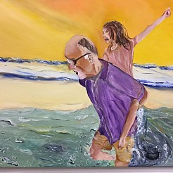 Opa met kleindochter aan zee geschilderd door 