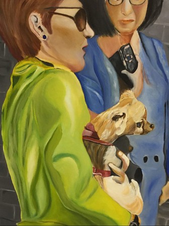 Dames met hondje geschilderd door Andre Claeys