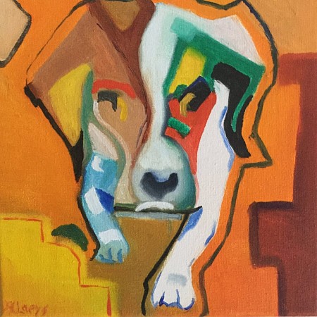 Lopend hondje geschilderd door Andre Claeys
