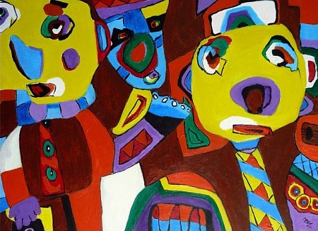 Le deux clowns banquirs geschilderd door Martin Oosterwijk